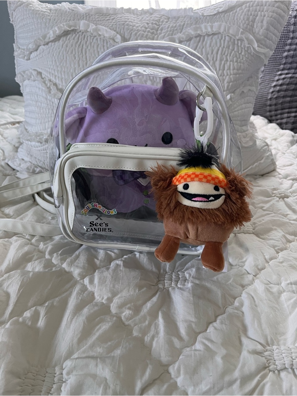 Clear Vinyl See's Candies back pack with Purple Plush